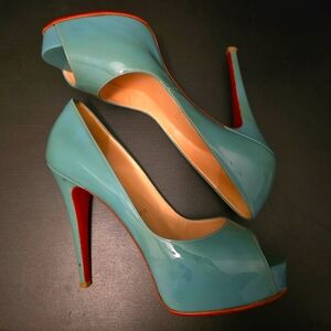 Christian Louboutin Teal Patent Leather Peep-Toe Pumps with Red Soles